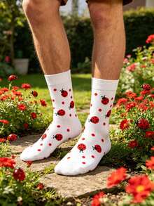 1 Pair Unisex White Ladybug Polka Dot Print Mid-Calf Socks, Fresh Whimsical Style, Breathable Casual Socks For All Seasons - Multicolor - View 5
