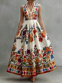 Spring/Summer New Women's Dress, Summer Vacation Outfit, Women's Apparel, Holiday Dress, White Base With Multicolor Floral Print, Sleeveless V-Neck Cinched Waist Flared Maxi Dress, Fashionable Summer Country Style, Elegant Palace Style, Daily/Beach/Vacation Bohemian Dress, Versatile - Multicolor - View 10
