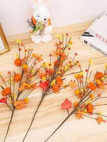 1pc Fake Plant, Autumn Berry Pumpkin Branch, 19.5 Inch Red Maple Leaf Branch With Pumpkin Berries, Autumn Berry Floral Arrangement, For Harvest Festival, Halloween, Thanksgiving Kitchen Dining Table Centerpiece Decoration, Fall Decor - Multicolor - View 2