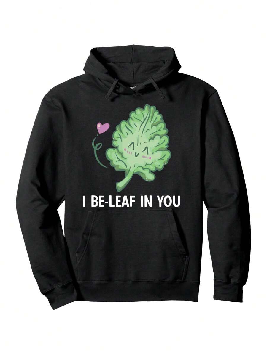 Pull-shirt à capuche I Be Leaf In You pour la Saint-Valentin - Pull d'hiver canadien épais, Pull-shirt à capuche doux avec imprimé de feuilles et de texte romantique, lavable en machine pour une utilisation toute l'année. - Noir - Voir 1