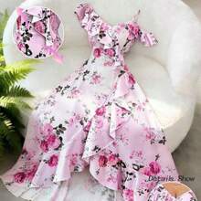 Vestido largo rosa con estampado floral, cuello oblicuo, volantes en el bajo e bajo irregular, para mujer, nuevo estilo romántico retro de palacio, para vacaciones en la playa, uso diario, citas, fiestas - Rosa - Ver 1