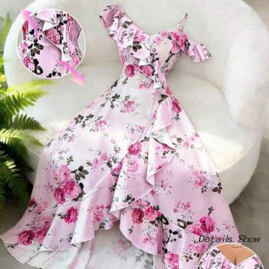 Vestido largo rosa con estampado floral, cuello oblicuo, volantes en el bajo e bajo irregular, para mujer, nuevo estilo romántico retro de palacio, para vacaciones en la playa, uso diario, citas, fiestas - Rosa - Ver 1
