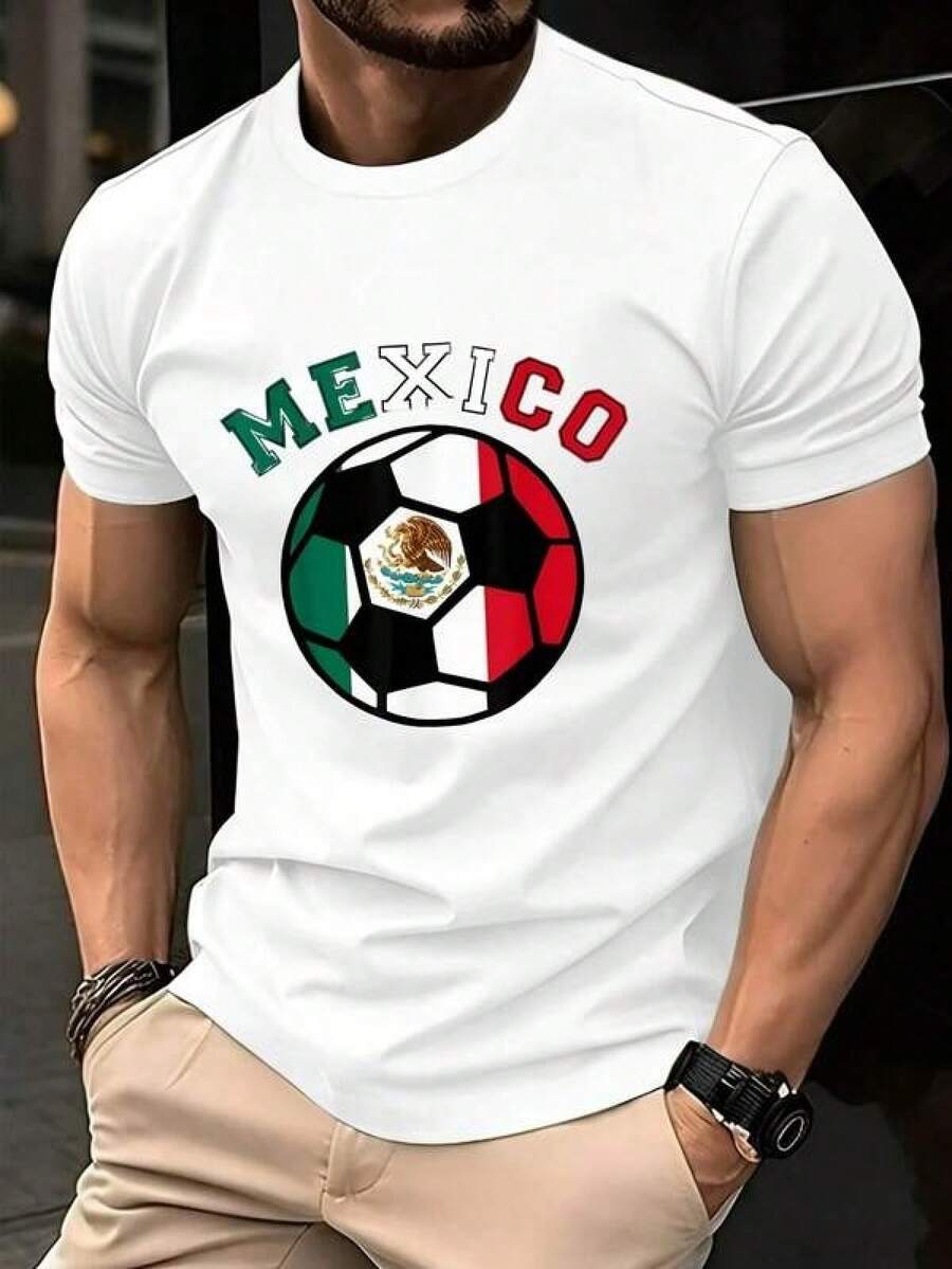 Camiseta de Algodón Suave para Hombres con Diseño de Fútbol de México, Ideal para Aficionados al Fútbol y Eventos Deportivos, Regalo Perfecto para Amigos y Familia, Amor por el Fútbol y Orgullo Nacional, Disfraz de Navidad para Hombres, Camiseta de Manga Corta Ligera y Transpirable para el Verano - Negro - Ver 1