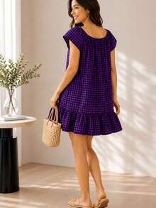 Casual Short Dress With Front Buttons, Long Sleeves, And A Plaid Print. - 紫色 - 查看 4