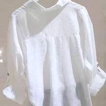 Camisa de mujer de manga larga de punto de poliéster blanca, camisa con botones delanteros, camisa de botones de dos tonos, camisa de manga enrollada primaveral - Lago Azul - Ver 3