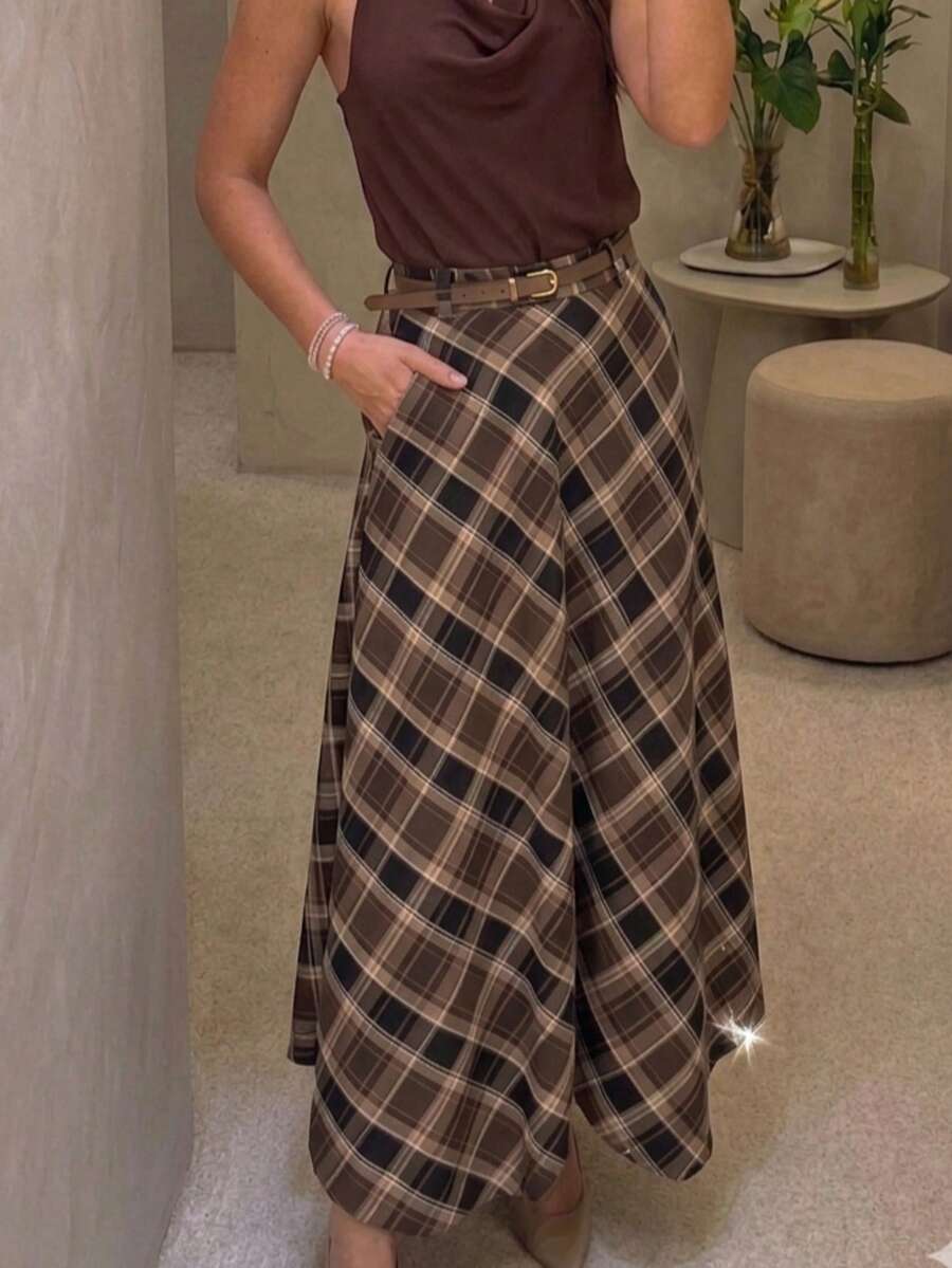 ESTTELA WOMEN'S FASHION LONG PLAID CREPE SKIRT LINED WITH ZIPPER - 巧克力棕 - 查看 1
