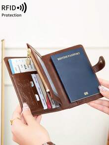 MIYIN 1pc Creative Airplane Design Travel Passport Holder, Magnetic Closure, RFID Blocking Passport Cover, Document Organizer, Minimalist Solid Color Business Travel Essential Passport Wallet, Lightweight Portable Travel Wallet, Multi-Function Card Case, Passport Protector, Unisex Passport Holder - Coffee - View 3