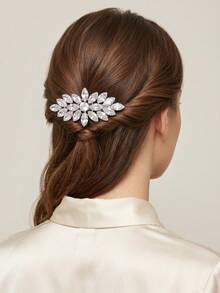 1pc Black/Silver Tone Cubic Zirconia Leaf Hair Clip, Sparkling Rhinestone Barrettes For Party & Evening - Multicolor - View 9