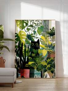 1 pieza Arte de pared en lienzo con gato negro escondido en plantas de la jungla, impresión bohemia tropical de Monstera y plantas de interior, decoración de pared verde minimalista única para amantes de los gatos, adecuada para sala de estar, dormitorio, oficina y apartamento, obra de arte de decoración del hogar única, también un gran regalo, decoración del hogar, decoración de la habitación, decoración del baño, decoración de la sala de estar, decoración del dormitorio, decoración de la cocina, decoración de la oficina, póster de apartamento - A - Ver 2