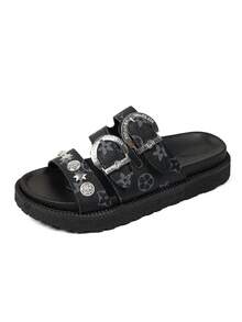 Solid Color Rivet Decor New Fashion Metal Buckle Decor Peep Toe Platform Thick Bottom Slides, Thick Sole Double Strap Casual Slippers For Outdoor Wear - Black Monogram - View 7