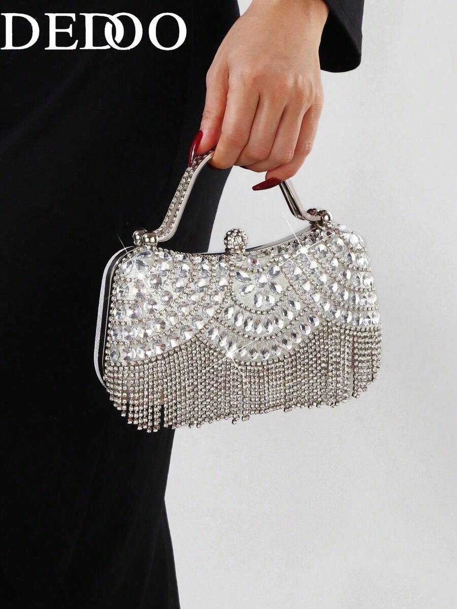 Dedoo New Rhinestone Studded Shiny Evening Clutch Bag With Tassel Decor, Gift For Women, Suitable For Party, Wedding, Banquet