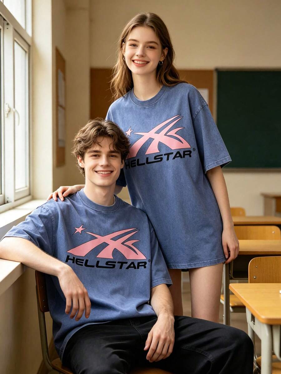 BOTANICBEAT 1PC Worn-Out Washed Men's Short-Sleeved Shirt, Featuring A Pink Meteor Flame Human Face Silhouette Pattern In Letters On A Double-Sided Print, Retro Casual Loose Men's T-Shirt, Comfortable And Versatile Men's Clothing Summer Tops Men Shirts - Xanh đậm - Xem 1