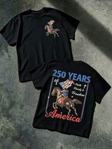 USA 250 Years Of America Cowboy And Horse Graphic T-Shirt, Patriotic With Faith, Family And Freedom, 4th Of July Front And Back Print, Men's Casual Cotton T-Shirt - 黑色 - 查看 2