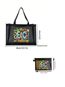 1 pieza/2 piezas Bolsa de malla de gran capacidad con decoración de letras Bolsa de malla de poliéster multifuncional de gran capacidad y set de bolsa de maquillaje - Almacenamiento y compra - Multicolor 2 - Ver 8