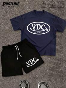 Mens Creative T Shirt And Shorts Set American Vintage Full Print Street Wear Essential T Shirt Set Men Graphic T Shirt And Shorts Set With Vons Dutchs Originals Logo Print Casual Outfit For Everyday Wear And Urban Style - Màu xanh hải quân - Xem 1