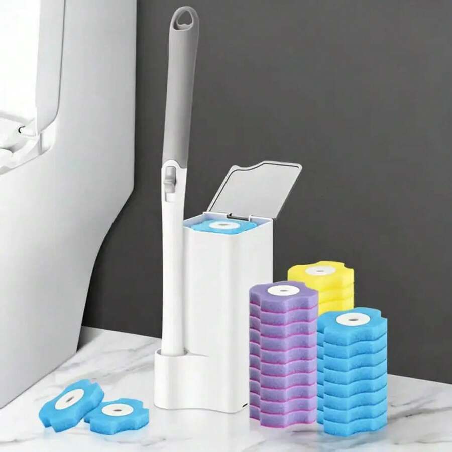 Cepillo de Baño 18/36 Piezas con Kits de Cabezas de Repuesto Desechables, Cepillo de Limpieza de Mango Largo para Hogar, Accesorios WC, Ideal para Mantener Higiene del Inodoro y Simplificar la Limpieza del Baño. - Amarillo 36 piezas - Ver 1