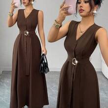 Nuevo cárdigan sin mangas con cuello en V tejido con decoración de anillo metálico para mujer, elegante vestido largo ajustado y versátil . - verde menta - Ver 5