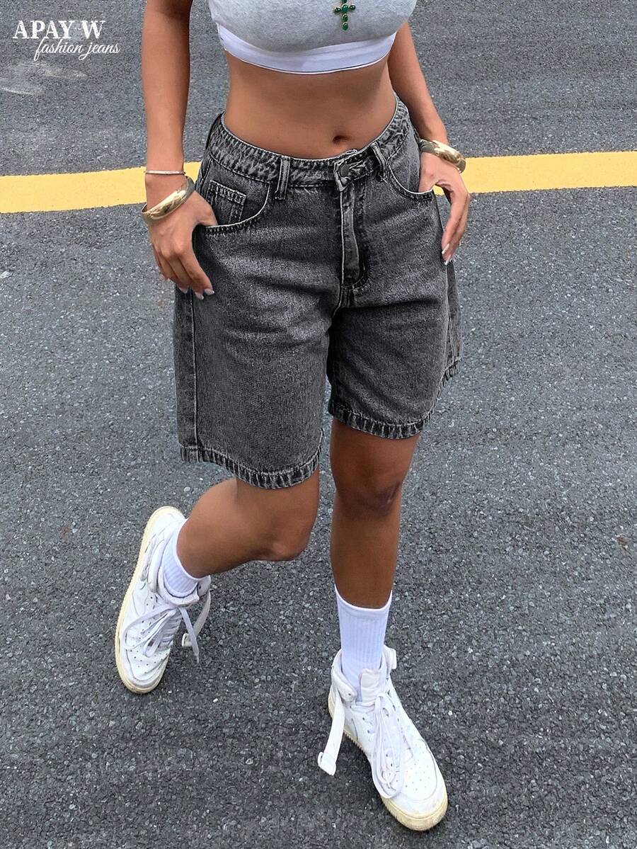女款時尚百搭口袋拉鍊百慕大牛仔短褲,休閒夏季 Y2K 風格 - 灰色 - 查看 1