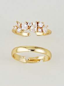 2pcs Elegant Cubic Zirconia Stone Rings, Stackable Rings Suitable For Women's Daily Wear, Dates, Weddings, Parties, Anniversaries, Bridal Gift - Yellow Gold - View 4