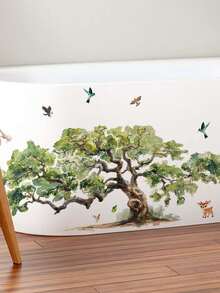 1pc Dense Tree With Green Leaves, Birds, And Cute Deer Wall Sticker, Removable Decal For Bedroom, Living Room, Entryway - 1PC - View 4