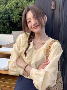 This Elegant And Sweet, Textured Ruffled V-Neck Casual Shirt With Puffed Sleeves Is The Perfect Choice For An Outdoor Brunch In Spring/Summer 2026. - Light Yellow - View 1