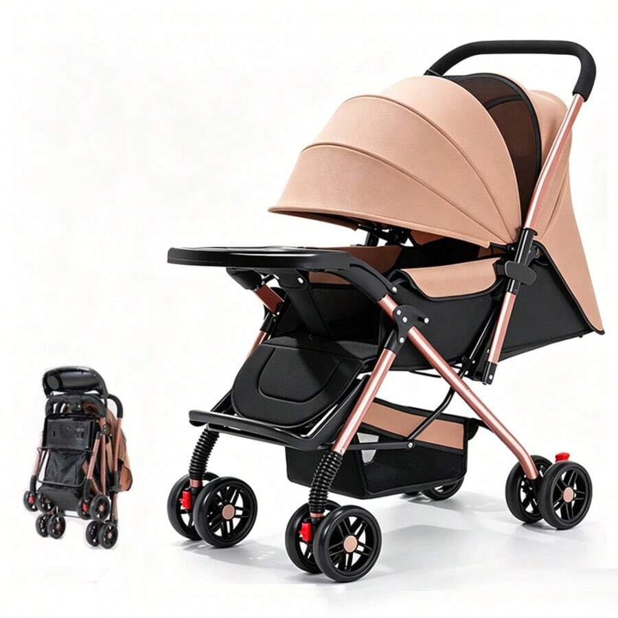 Carriola para Bebé Plegable y Ligera con Charola, Carriola de Paseo con Asiento Reclinable y Toldo, Cochecito Portátil para Viaje - Caqui - Ver 1