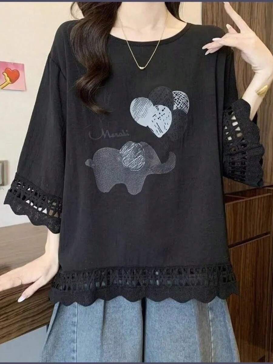 レディース Tシャツ 七分袖 カットソー トップス プルオーバー 7分袖 レース 切り替え レーススリーブ 裾レース 異素材 クルーネック 丸首 イラストプリント アニマル 象 ゾウ ゆったり 大きいサイズ プラスサイズ 体型カバー 着痩せ 二の腕カバー お腹カバー ぽっちゃり 大人可愛い きれいめ カジュアル フェミニン デイリー 普段着 お出かけ ワンマイルウェア 通勤 通学 オフィスカジュアル 春 夏 秋 楽ちん 快適 涼しい 通気性 ブラック 黒 - ブラック - チェックする 1