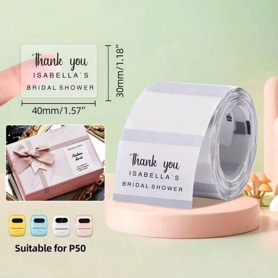 Cuộn băng keo nhiệt tròn trong suốt, 1 cuộn, kích thước 40*30/50*50/40x60mm, tự dính chống rách, tương thích với máy in mini SK58/SK35/M110/M120/M200, hoàn hảo cho sổ tay DIY, nhãn dán kế hoạch, trường học & văn phòng. - Xem 1