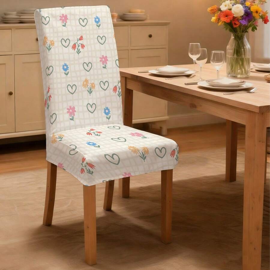1pc/2pcs/4pcs/6pcs/30pcs Stretch Dining Chair Cover Universal Size High Elastic Polyester Cottagecore Checkered Background With Heart And Flower Print Full Coverage Stain Resistant Washable Removable - Multicolor - View 1