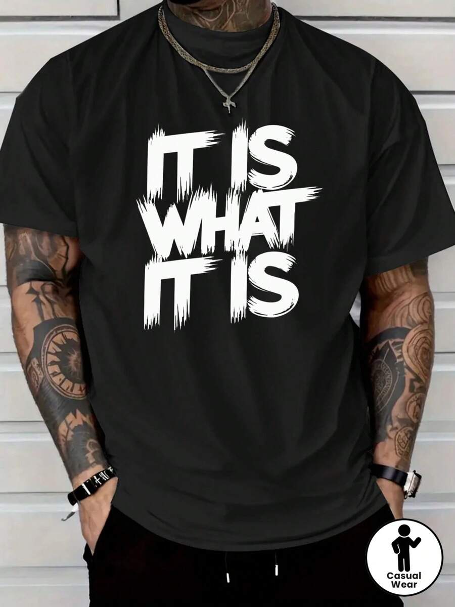 Soft, Breathable Crew Neck T-Shirt. IT IS WHAT IT IS. Men's Red Print T-Shirt - Casual Short-Sleeve Crew Neck T-Shirt With A Bold Print, Comfortable For All Seasons, Machine Washable, And With A Simple Cut. Versatile Short-Sleeve Print T-Shirt With A Relaxed Fit And Slimming Effect. - 黑色 - 查看 1