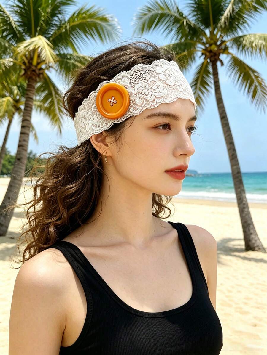 1件优雅时尚女士夏季发带,蕾丝印花设计发饰,吸汗简约甜美发带,女士发饰,夏季服饰配饰 - 白色 - 查看 1