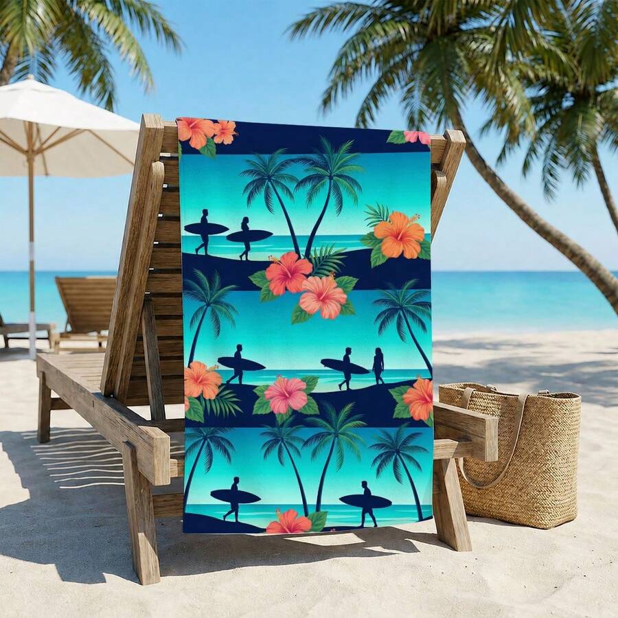 1 pièce/24pcs Serviette de plage style île avec silhouette de surf, couverture de plage en microfibre surdimensionnée, serviette de bain super absorbante, convient pour les voyages, la piscine, la plongée, le surf, le yoga, le camping, plusieurs tailles, accessoires de plage, applicable pour la plage, la piscine, les voyages, le camping, le yoga