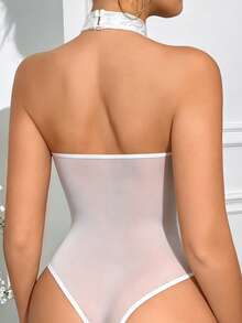 White Lace Spaghetti Strap Camisole With Bow Decor And Sheer Mesh, Romantic Bridal/Date Night Outfit - White - View 6