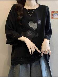 レディース Tシャツ 七分袖 カットソー トップス プルオーバー 7分袖 レース 切り替え レーススリーブ 裾レース 異素材 クルーネック 丸首 イラストプリント アニマル 象 ゾウ ゆったり 大きいサイズ プラスサイズ 体型カバー 着痩せ 二の腕カバー お腹カバー ぽっちゃり 大人可愛い きれいめ カジュアル フェミニン デイリー 普段着 お出かけ ワンマイルウェア 通勤 通学 オフィスカジュアル 春 夏 秋 楽ちん 快適 涼しい 通気性 ブラック 黒 - ブラック - チェックする 7