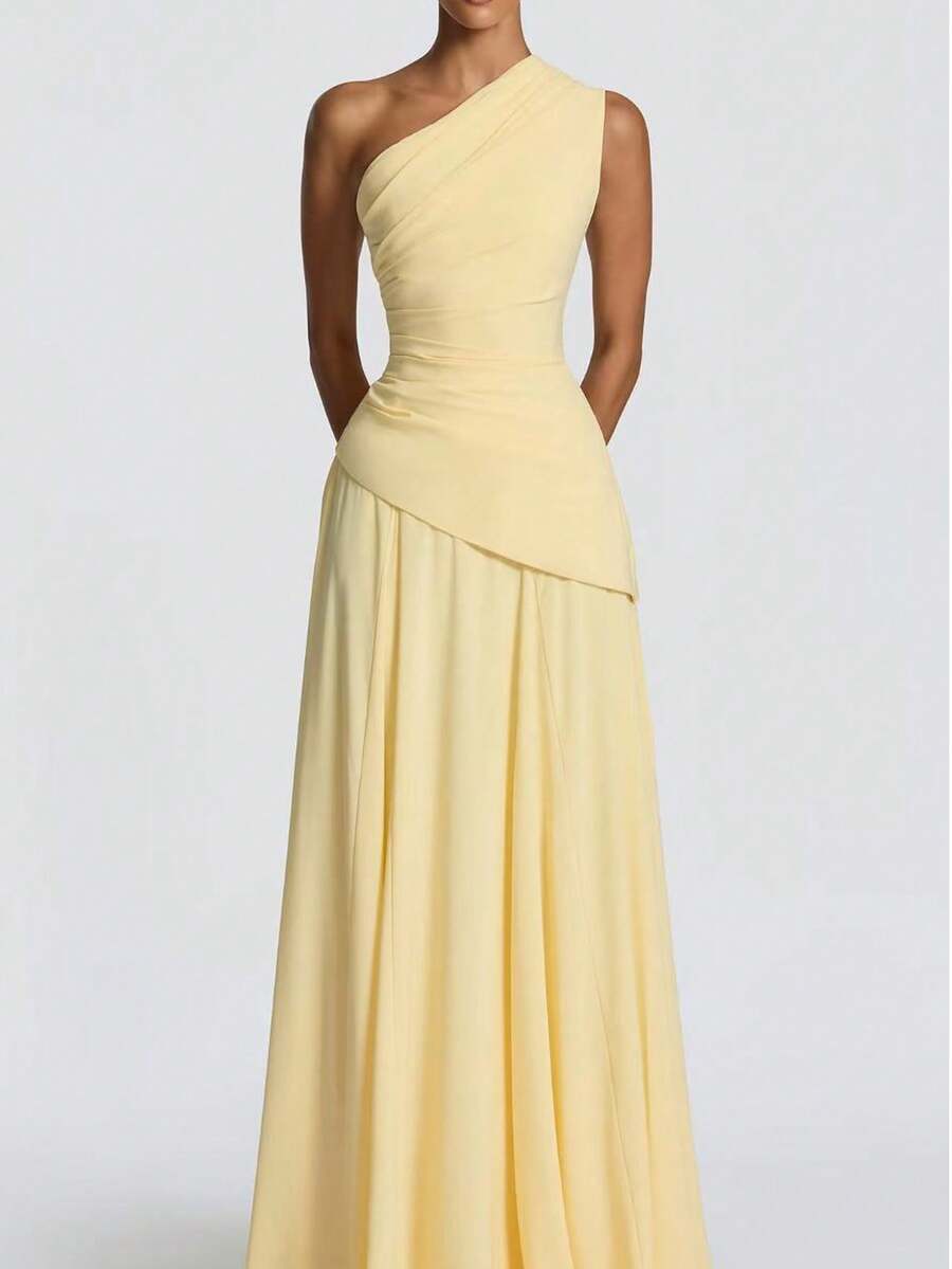 Elegant Fitted Maxi Dress, Women's Soft And Stretchy Knit Fabric, Suitable For Formal Occasions And Galas - Yellow - View 1