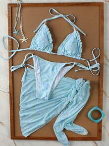 Women's Light Blue Floral Ruffle Halter Bikini With Matching Wrap Sarong Skirt Beach Swim Set - Multicolor - View 6