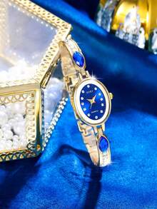 1 Set Women's Fashion Green Fully Rhinestone Quartz Watch Set, Includes Necklace, Earrings, Bracelet, Ring, Accessory Set, Suitable For Daily Wear, Birthday Gift, Party, Holiday Gathering, Ideal Gift For Yourself Or Friends. Does Not Include Gift Box. - Blue - View 7