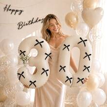 1pc Ivory Foil Number Balloon With 6pcs Black Bow Stickers, Suitable For Birthday Party, Anniversary Decoration, Baby Shower - View 4