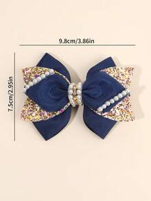 2pcs Navy Blue Ribbed Satin Double Bow Hair Clips Gold Glitter Pearl Rhinestone Decor For Girls Kids Birthday Party Daily Wear - Multicolor - View 6