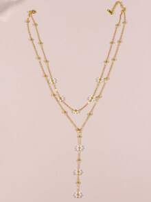 Stainless Steel Multi-Color Beaded Flower Decorative Necklace, Gold-Plated Y-Shaped Chain Necklace, Elegant Minimalist Style, Suitable For Women's Daily Wear, Can Be Used As Valentine's Day, Mom, Mother's Day Gift - Multicolor - View 4