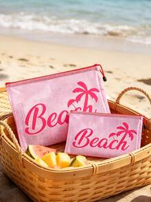 多色防水時尚網格布海灘包，印有彩色「Beach」字樣的化妝包，海灘主題。大容量透明化妝包，附尼龍拉鍊的盥洗包 - 輕巧，可存放防曬霜、零食、比基尼和海灘必需品。春夏季收納 - 彩色 - 查看 5