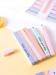 [Customized] 6/12pcs Soft Fluorescent Highlighter Set - Random Colors, Flat Tip Design, No Smudging, No Leaking, Plastic Material - Suitable For Journaling, Office Work And Professional Use, Perfect For Back To School Season - Multicolor - View 6