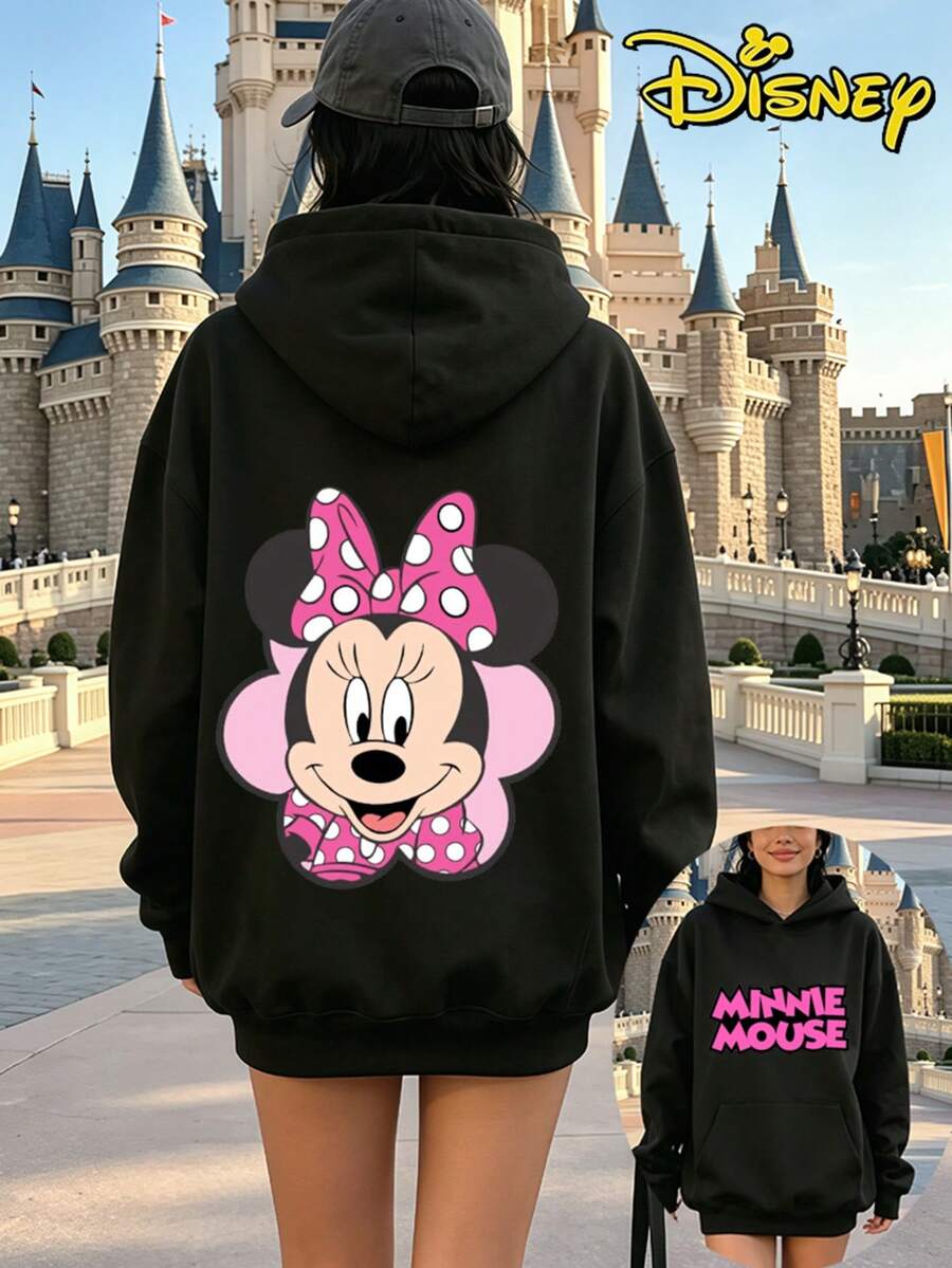 Disney Minnie Mouse Polka Dot Bow Hoodie, Oversized Loose Fit With Double-Sided Prints, Heavyweight Comfortable Streetwear Top, Retro Casual Versatile Piece - Black - View 1