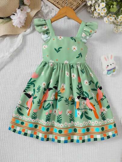 Vestido Casual de Férias de Cintura Marcada sem Mangas com Estampa Floral, Primavera/Verão, para Meninas Jovens