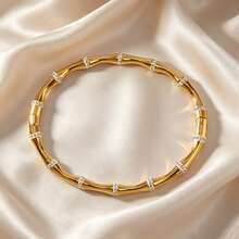 2pcs Elegant Exquisite 18K Gold Plated Stainless Steel White Zirconia Bamboo Knot Bangle Bracelet For Women, Suitable For Daily And Party Wear, Perfect Gift - Gold - View 5