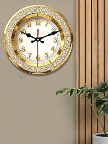 1 pieza Reloj de pared plano 2D | Reloj de pared redondo de madera chapado en oro con marco incrustado de cristal, adecuado para decoración de sala de estar, dormitorio, oficina, lobby de hotel, comedor - Multicolor - Ver 3