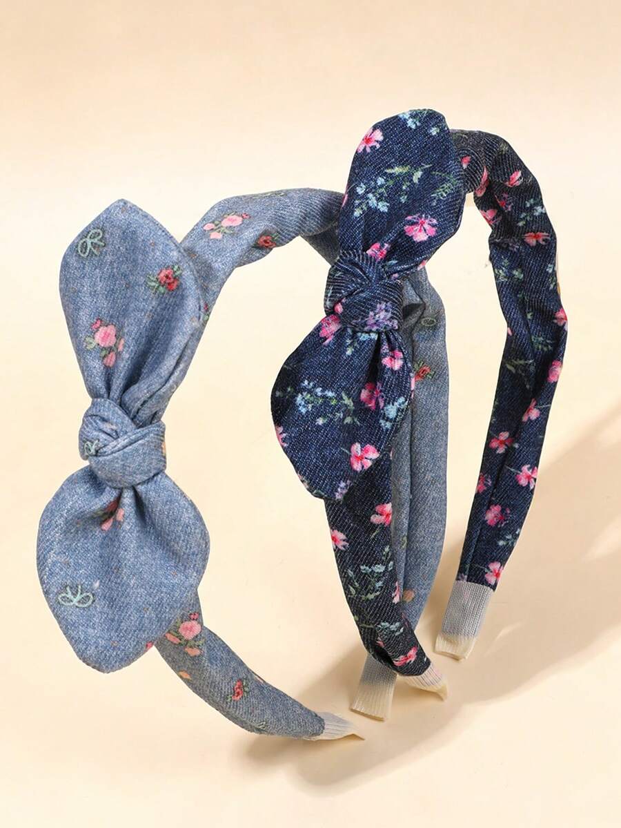 2件組花卉印花牛仔藍蝴蝶結髮帶套組，女孩與青少年時尚布料髮飾 - 多色 - 查看 1