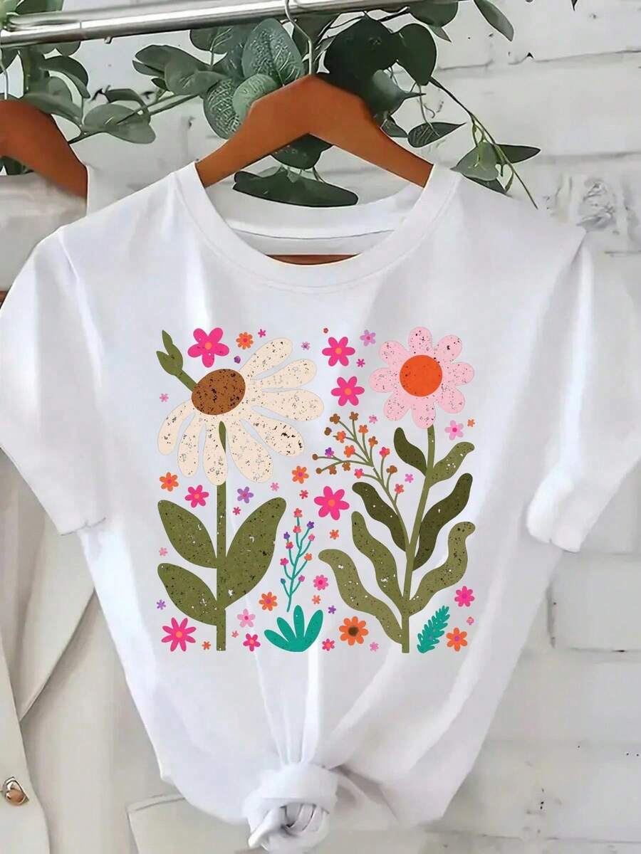 Women's Short Sleeve T-Shirt 180g, Grey Background With Multicolor Floral Print, Dyed Edges, Modern Style Y2K, Ideal For Summer Outdoor Daily Wear - 白色的 - 查看 1