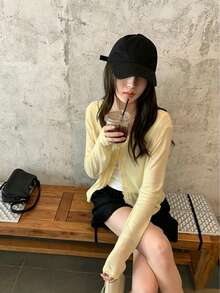 春/夏新款蕾絲拼接花卉飾邊軟針織開襟衫輕便外套上衣女款，鄉村風 - 黃色 - 查看 6