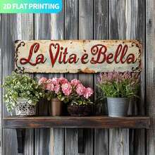 1 pieza 2D Plano - 2D Plano, Decoración de metal vintage italiano "La Vita È Bella" - Letrero de granja vintage rojo y beige, con agujeros perforados previamente, letras grandes fáciles de colgar, adecuado para cocina, porche, sala de estar - Regalo de frase italiana para inauguración de la casa, boda, aniversario. Agujeros perforados previamente como se muestra en el cuadro de tamaños - multicolor - Ver 4